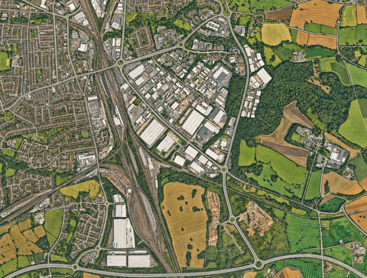 Illustrated aerial overview of the A500 corridor, Crewe Railway Station and surrounding road and rail network