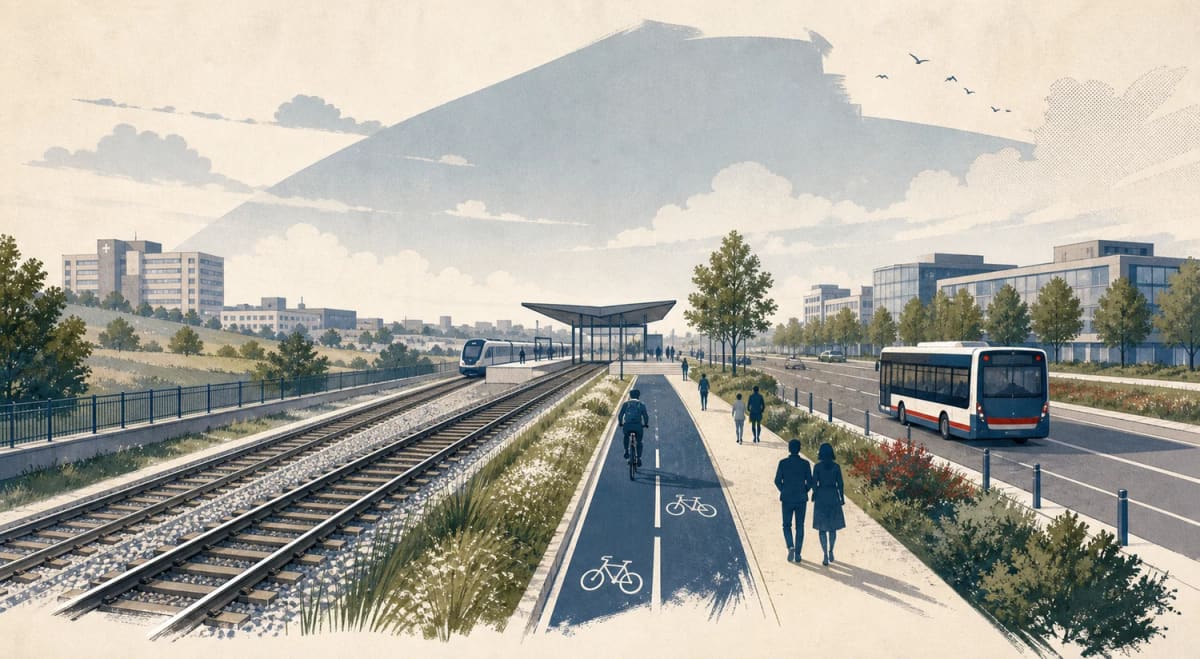 Editorial illustration of rail, bus, cycling and walking connections being considered for Leighton in Crewe